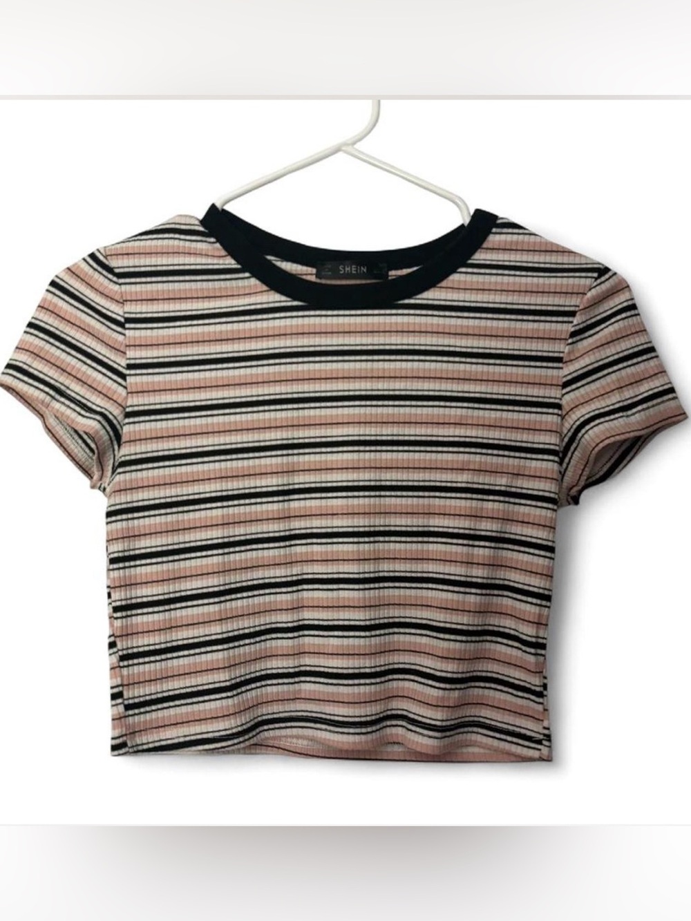 SHEIN Pink and Black Striped Ribbed Cropped Tee